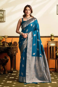 Deep Navy Blue Jacquard Weaving Saree – Silver Zari, Silk Blend, Festive Wear