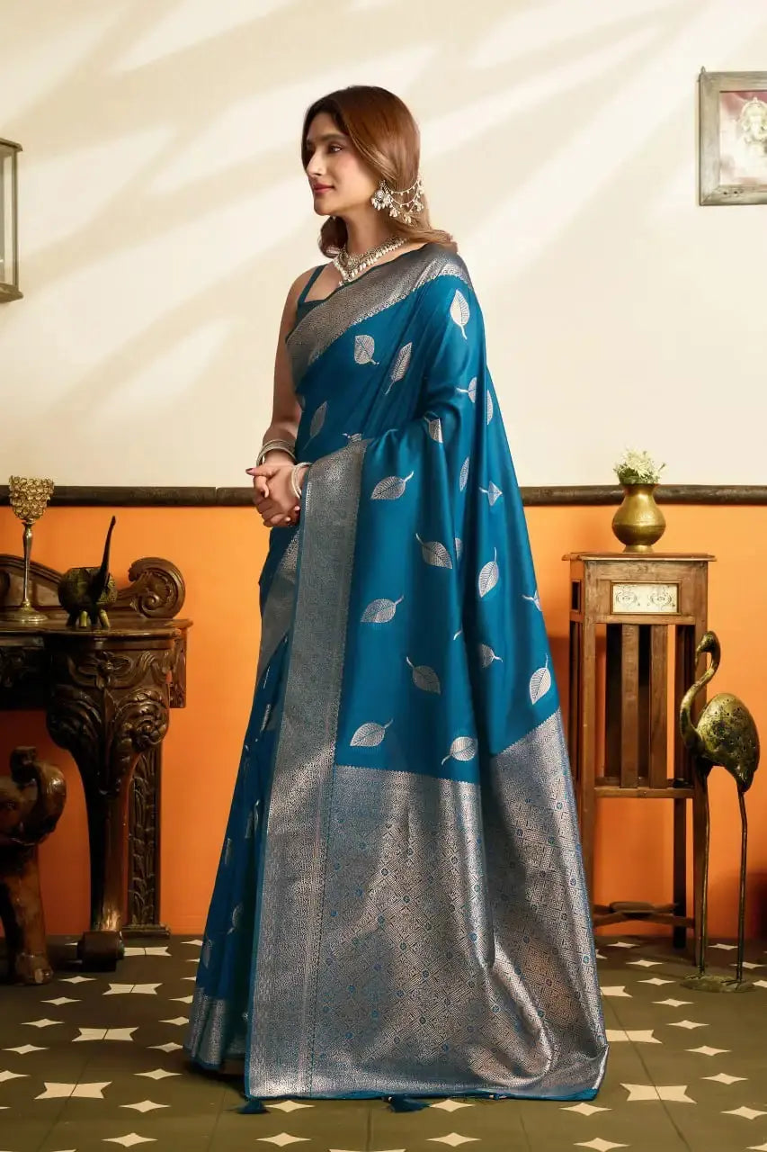 Deep Navy Blue Jacquard Weaving Saree — side profile view with zari border