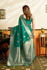 Green Jacquard Weaving Saree silver zari border close-up – crisp zari weave, soft silk blend | KS302 Kalyanja