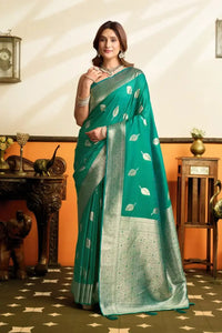 Green Jacquard Weaving Saree – Silver Zari, Silk Blend, Festive Wear