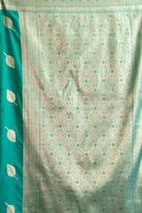 Rama Blue Jacquard Weaving Saree back view – contrast pallu draped over shoulder | KS302 Kalyanja