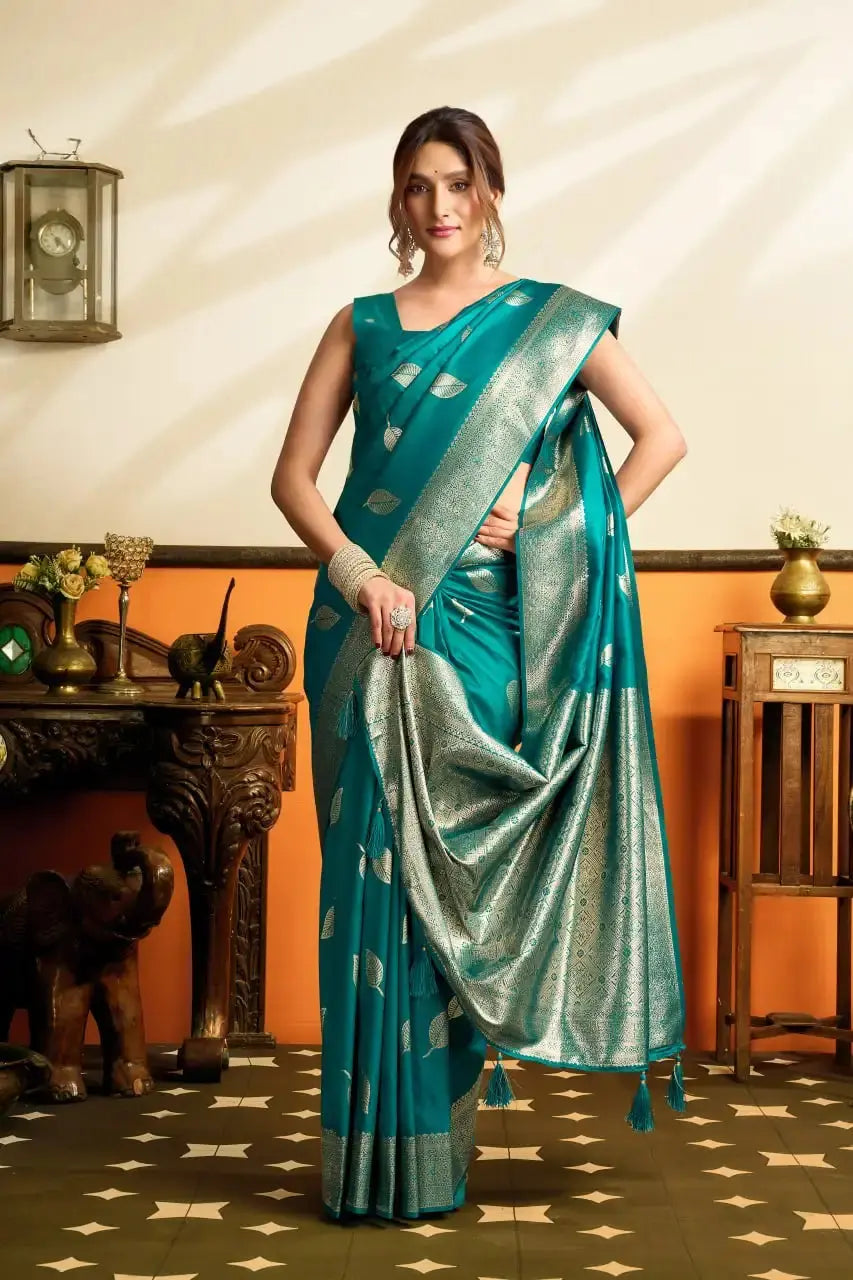 Rama Blue Jacquard Weaving Saree silver zari border close-up – crisp zari weave, soft silk blend | KS302 Kalyanja
