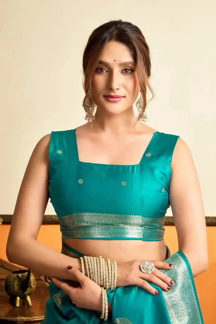 Rama Blue Jacquard Weaving Saree flat lay – full 5.5m with blouse piece, KS302 by Kalyanja