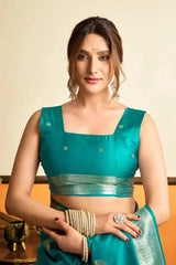 Rama Blue Jacquard Weaving Saree flat lay – full 5.5m with blouse piece, KS302 by Kalyanja