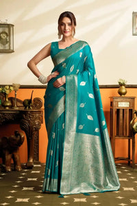 Rama Blue Jacquard Weaving Saree – Silver Zari, Silk Blend, Festive Wear