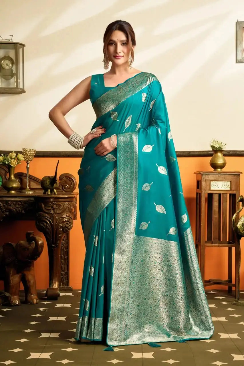 Rama Blue Jacquard Weaving Saree front drape – silver zari border, contrast pallu, soft silk blend | KS302 Kalyanja