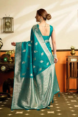 Rama Blue Jacquard Weaving Saree contrast pallu detail – KS302 by Kalyanja