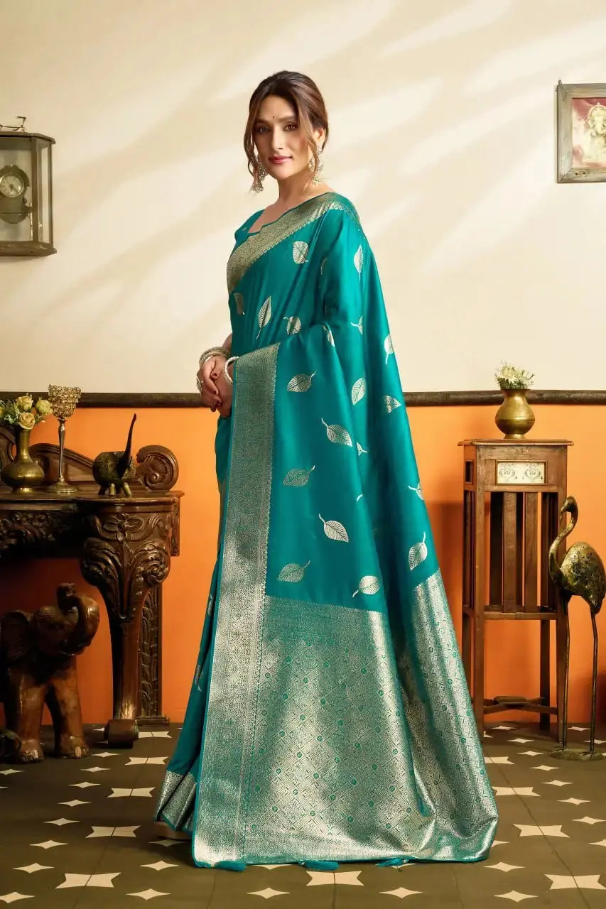 Rama Blue Jacquard Weaving Saree side drape view – jacquard weaving detail, soft silk blend | KS302 Kalyanja