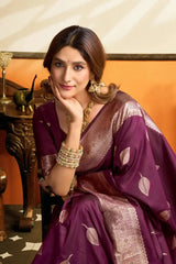 Wine Jacquard Weaving Saree back view – contrast pallu draped over shoulder | KS302 Kalyanja