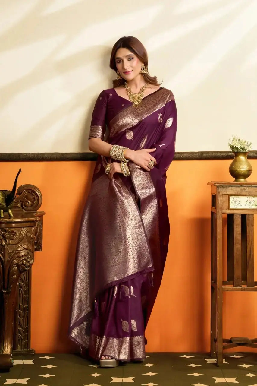 Wine Jacquard Weaving Saree silver zari border close-up – crisp zari weave, soft silk blend | KS302 Kalyanja