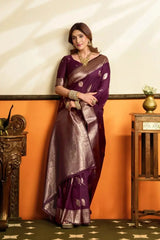Wine Jacquard Weaving Saree silver zari border close-up – crisp zari weave, soft silk blend | KS302 Kalyanja