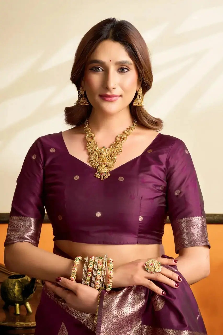 Wine Jacquard Weaving Saree close-up – rich wine tone with silver zari detail | KS302 Kalyanja