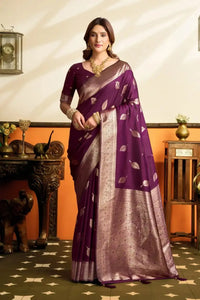 Wine Jacquard Weaving Saree – Silver Zari, Silk Blend, Festive Wear