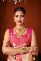 Dark Pink Jacquard Weaving Saree back view – contrast pallu draped over shoulder | KS303 Kalyanja