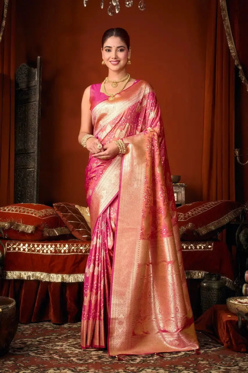 Dark Pink Jacquard Weaving Saree front drape – gold zari border, contrast pallu, soft silk blend | KS303 Kalyanja