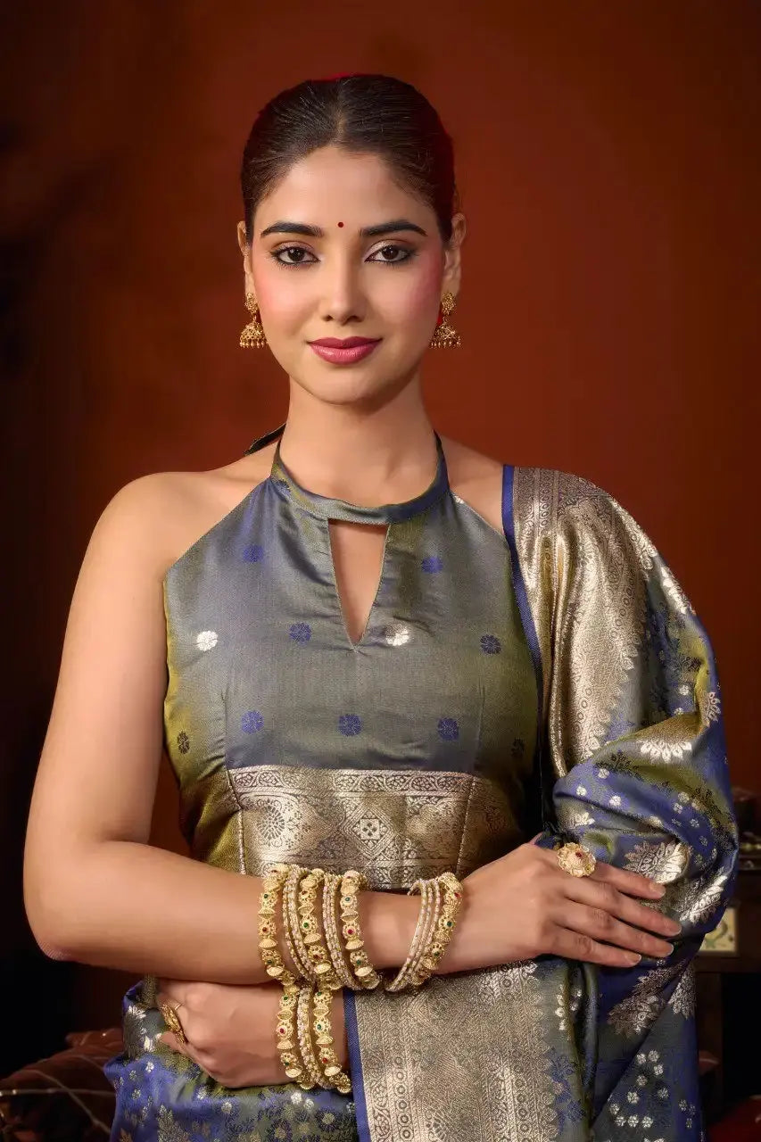 Deep Navy Blue Jacquard Weaving Saree back view – contrast pallu draped over shoulder | KS303 Kalyanja