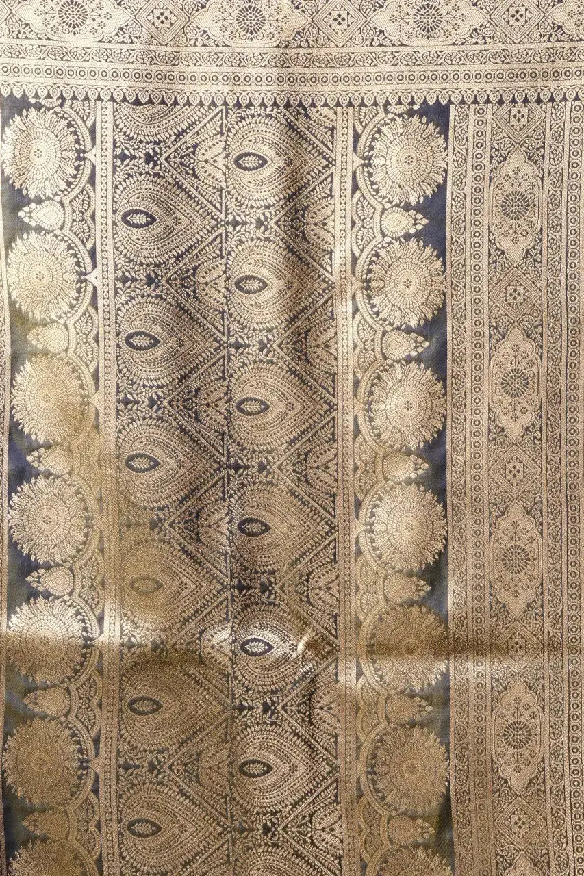 Deep Navy Blue Jacquard Weaving Saree flat lay – full 5.5m with blouse piece, KS303 by Kalyanja