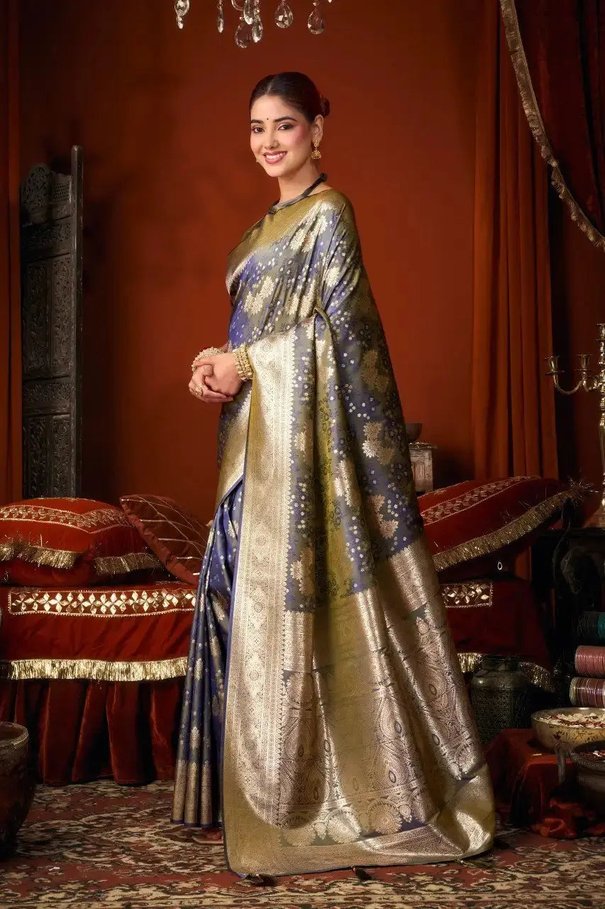 Deep Navy Blue Jacquard Weaving Saree side drape view – jacquard weaving detail, soft silk blend | KS303 Kalyanja