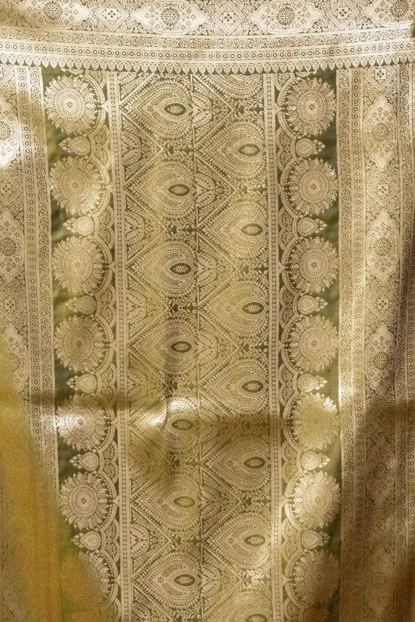 Olive Green Jacquard Weaving Saree flat lay – full 5.5m with blouse piece, KS303 by Kalyanja