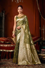 Olive Green Jacquard Weaving Saree front drape – gold zari border, contrast pallu, soft silk blend | KS303 Kalyanja