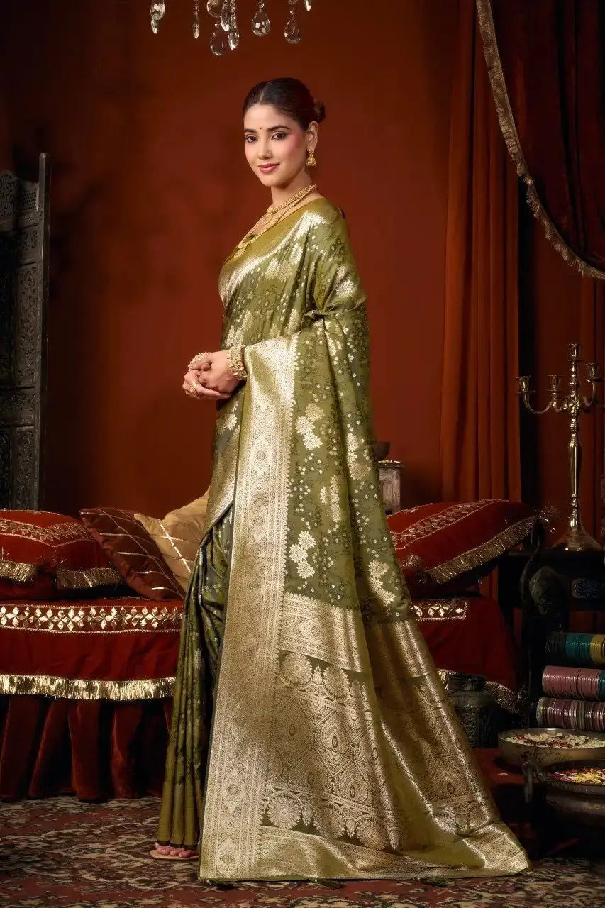 Olive Green Jacquard Weaving Saree side drape view – jacquard weaving detail, soft silk blend | KS303 Kalyanja