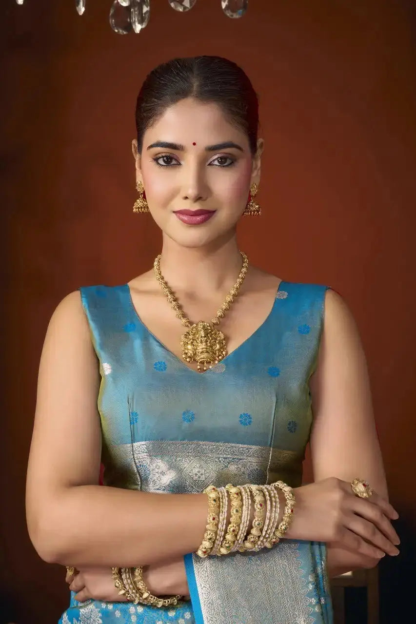Rama Blue Jacquard Weaving Saree back view – contrast pallu draped over shoulder | KS303 Kalyanja