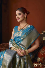Rama Blue Jacquard Weaving Saree body close-up – fine jacquard woven texture across drape | KS303 Kalyanja