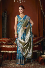 Rama Blue Jacquard Weaving Saree gold zari border close-up – warm zari weave against cool rama blue | KS303 Kalyanja