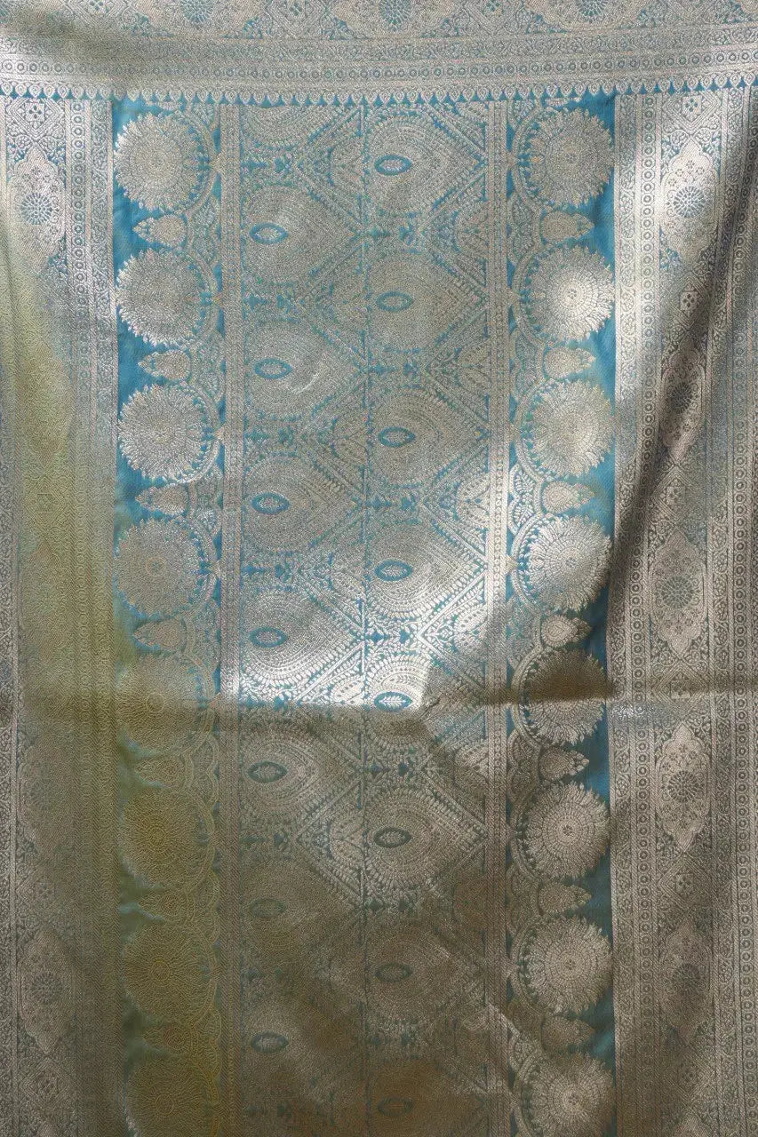 Rama Blue Jacquard Weaving Saree flat lay – full 5.5m with blouse piece, KS303 by Kalyanja