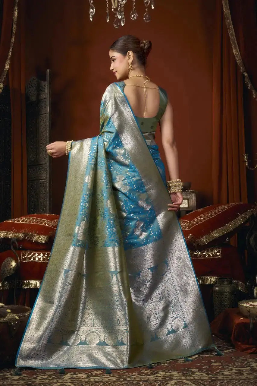 Rama Blue Jacquard Weaving Saree contrast pallu detail – KS303 by Kalyanja