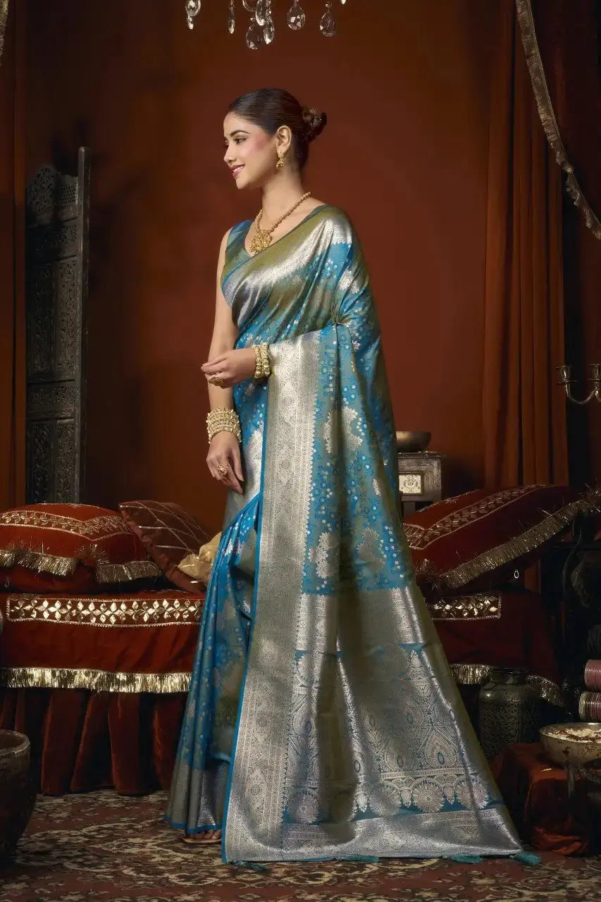 Rama Blue Jacquard Weaving Saree side drape view – jacquard weaving detail, soft silk blend | KS303 Kalyanja