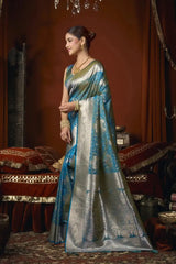 Rama Blue Jacquard Weaving Saree side drape view – jacquard weaving detail, soft silk blend | KS303 Kalyanja