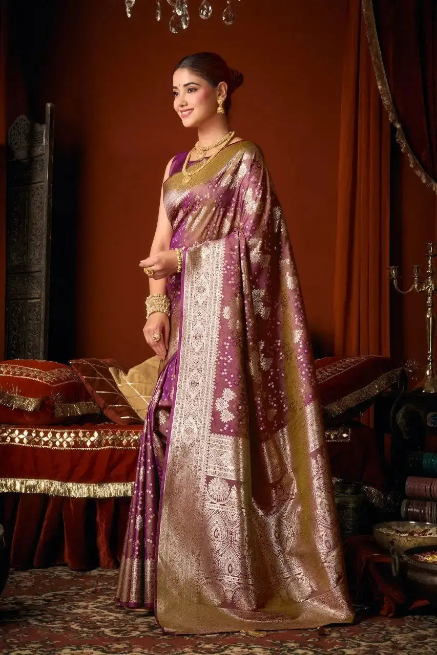 Wine Jacquard Weaving Saree — side profile view showing full length and zari border
