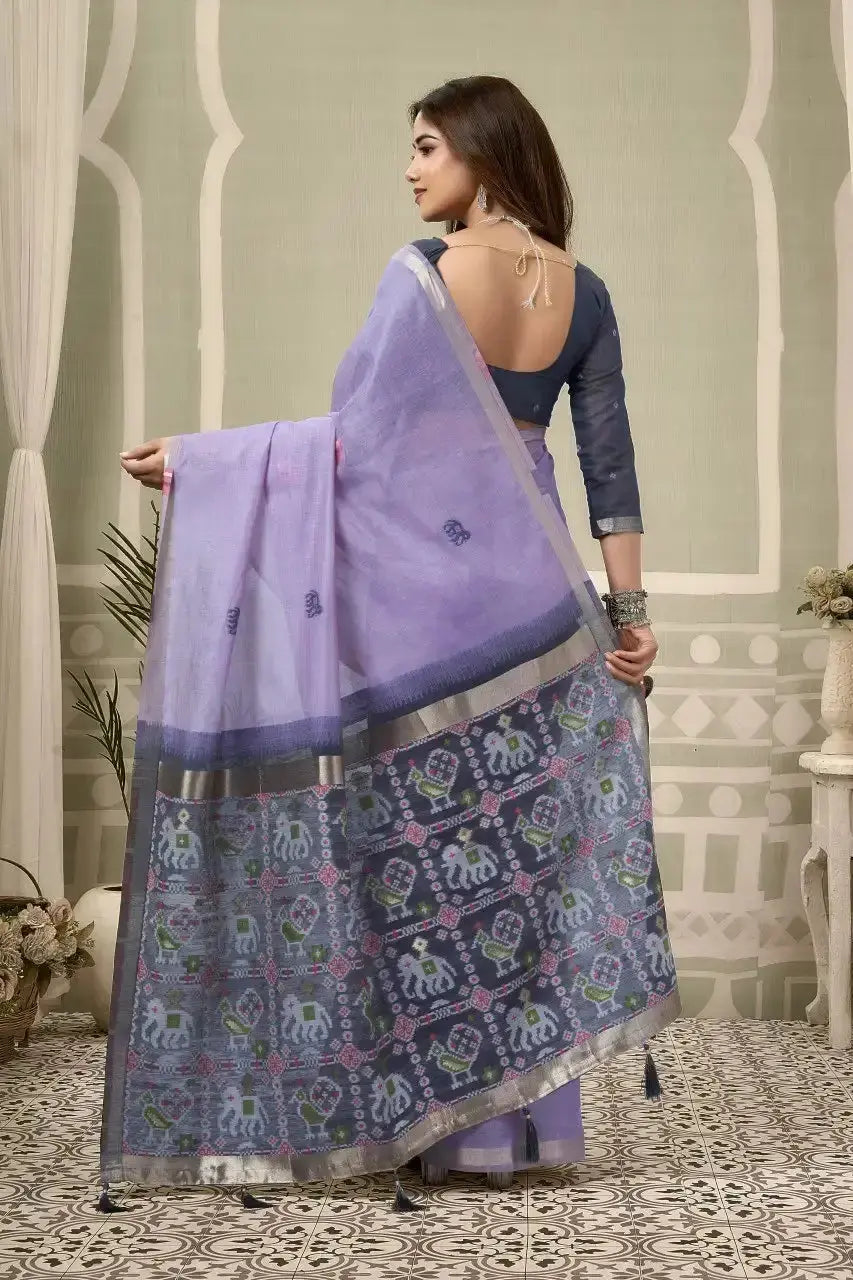 Back view of Lavender Zari Woven Saree — contrast Patola pallu spread with elephant and bird motifs