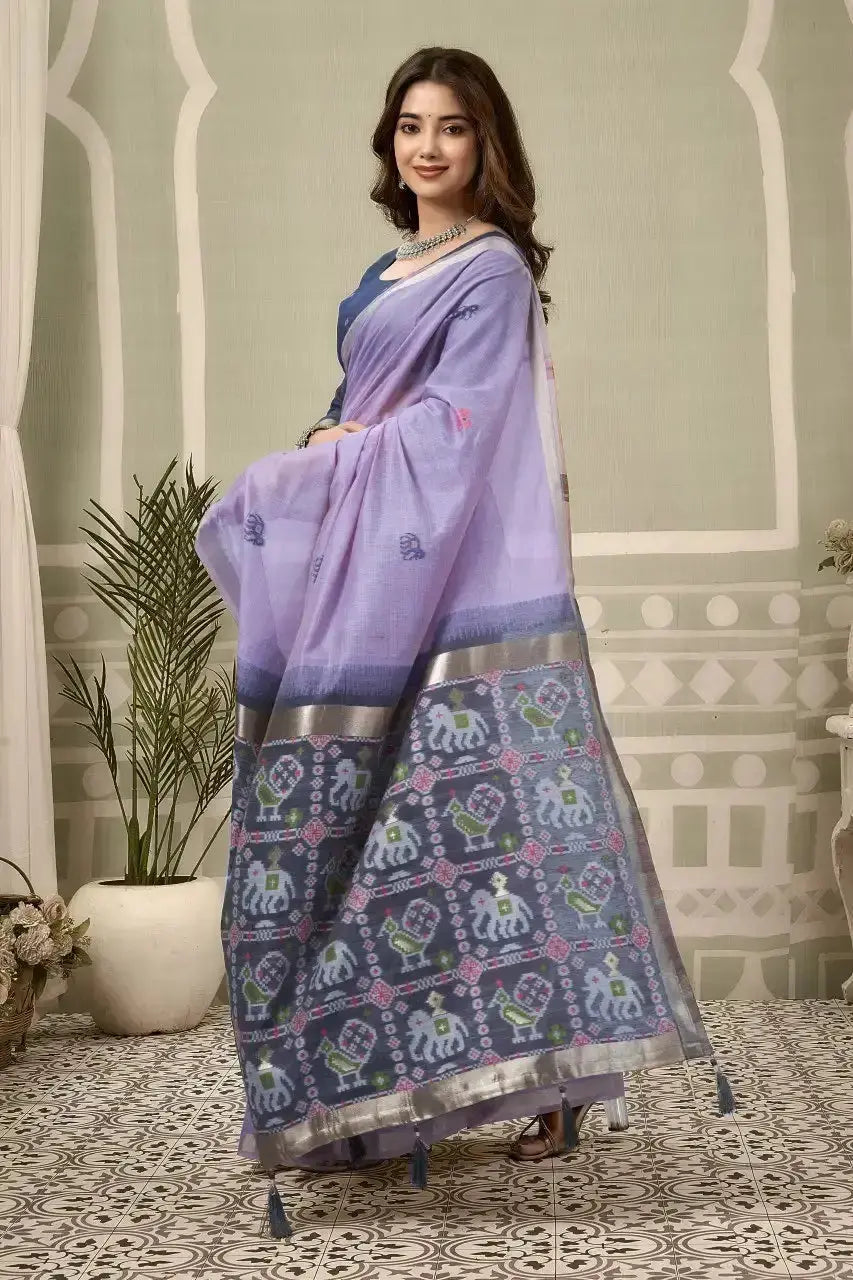 Lavender Zari Woven Saree — three-quarter view showing Patola-style contrast navy pallu detail