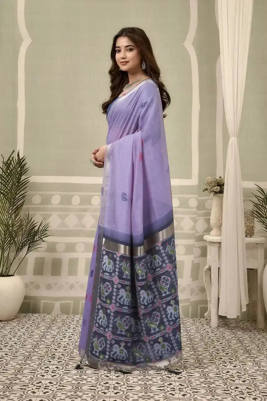 Lavender Zari Woven Saree — side profile full length view with zari border and Patola pallu