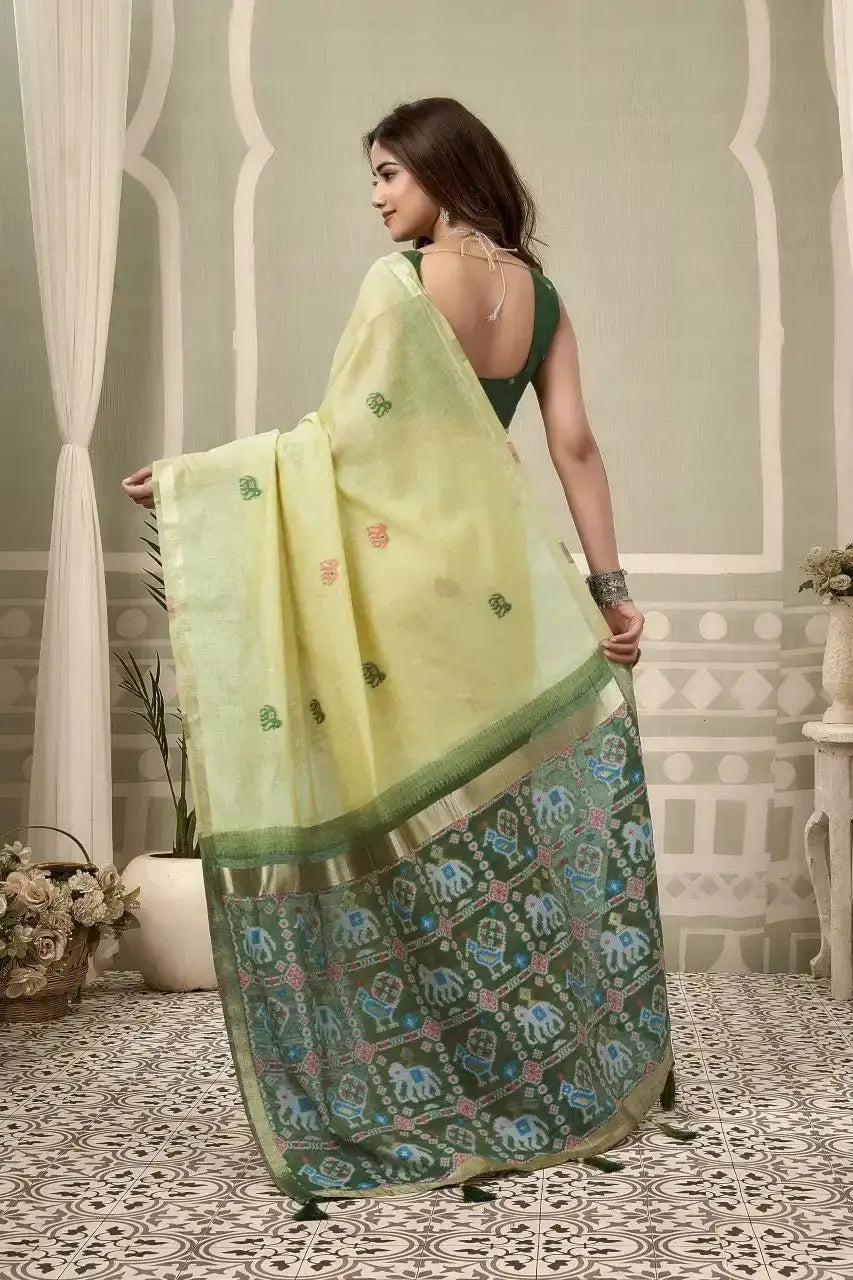 Light Pistachio Green Zari Woven Saree side drape view – heavy cotton, zari weaving detail | KS304 Kalyanja