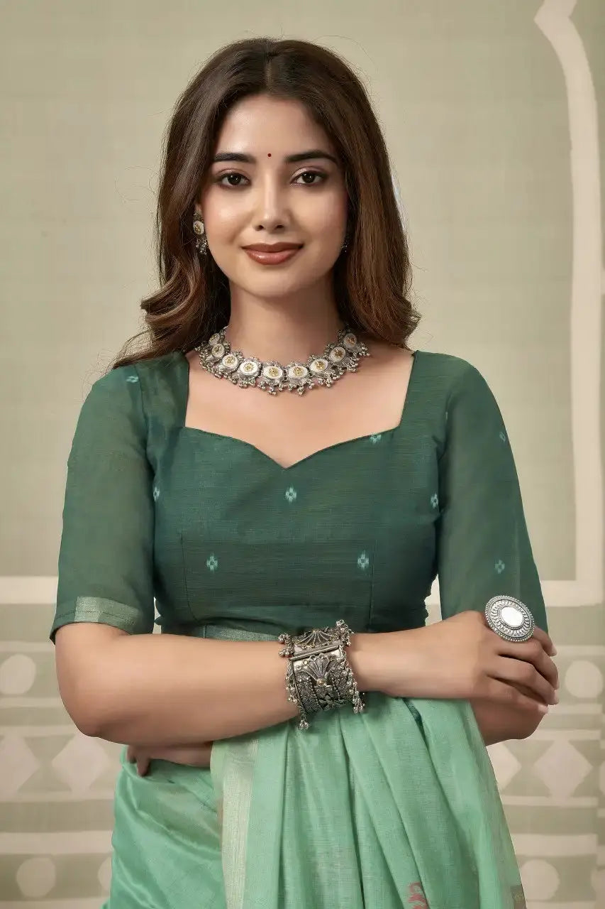 Mint Green Zari Woven Saree body close-up – heavy cotton texture, zari woven detail | KS304 Kalyanja