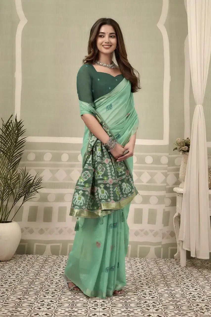 Mint Green Zari Woven Saree zari border close-up – woven zari thread against cool mint body | KS304 Kalyanja