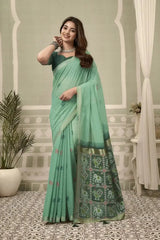 Mint Green Zari Woven Saree front drape – zari woven border, contrast pallu, heavy cotton | KS304 Kalyanja