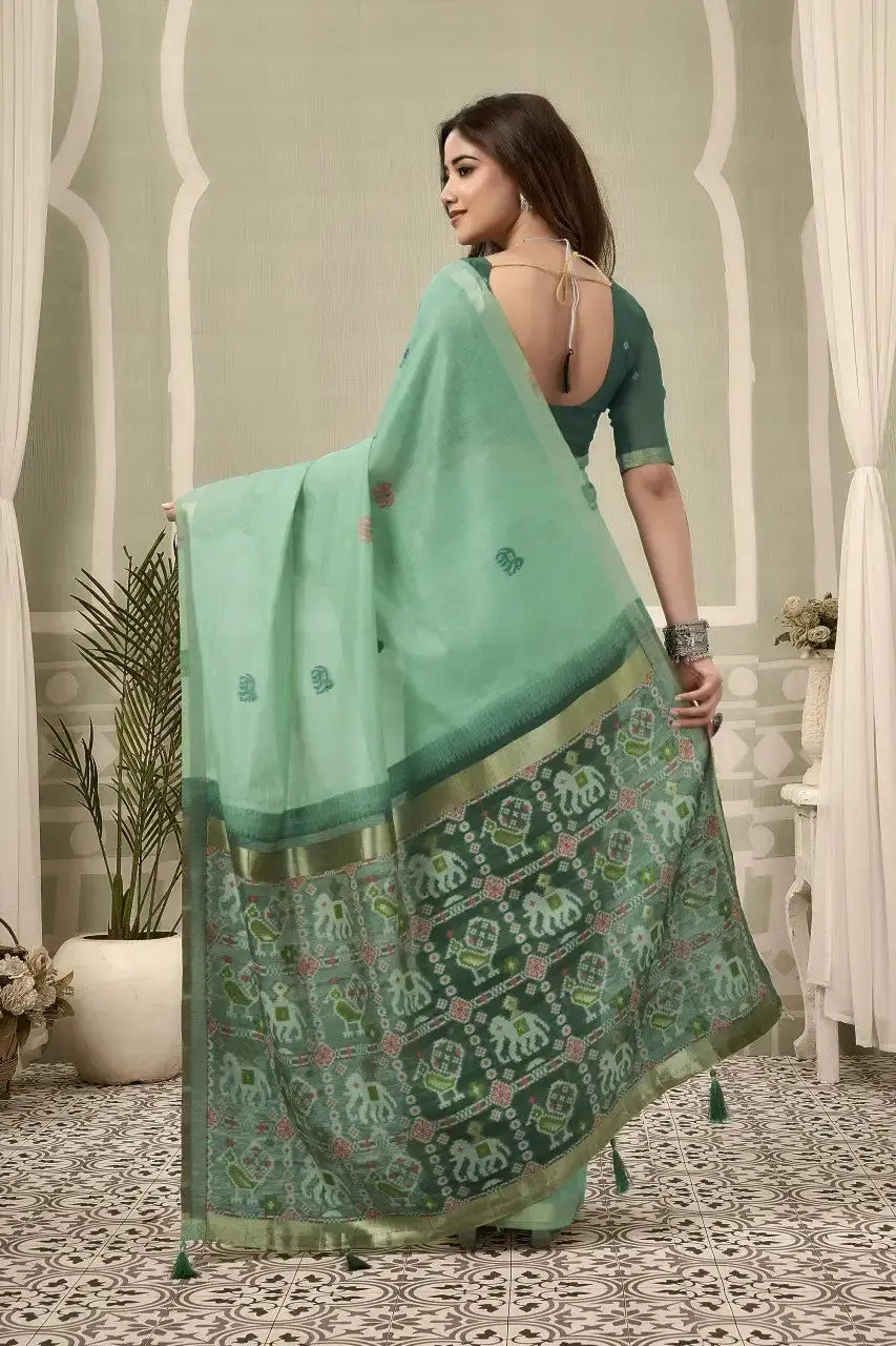 Mint Green Zari Woven Saree side drape view – heavy cotton, zari weaving detail | KS304 Kalyanja