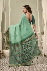 Mint Green Zari Woven Saree side drape view – heavy cotton, zari weaving detail | KS304 Kalyanja