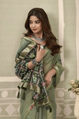 Olive Green Zari Woven Saree back view – contrast pallu draped over shoulder | KS304 Kalyanja