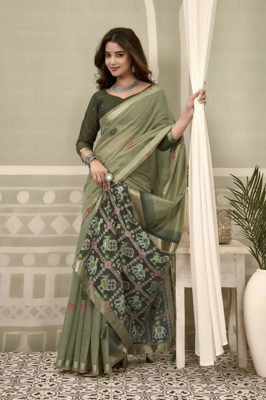 Olive Green Zari Woven Saree body close-up – heavy cotton texture, zari woven detail | KS304 Kalyanja