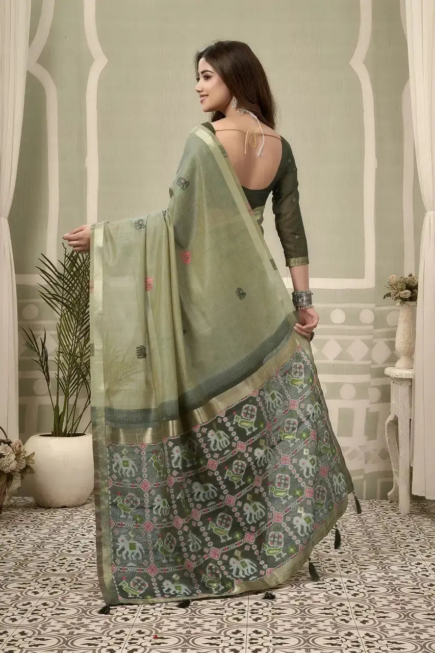 Olive Green Zari Woven Saree zari border close-up – woven zari thread against earthy olive body | KS304 Kalyanja