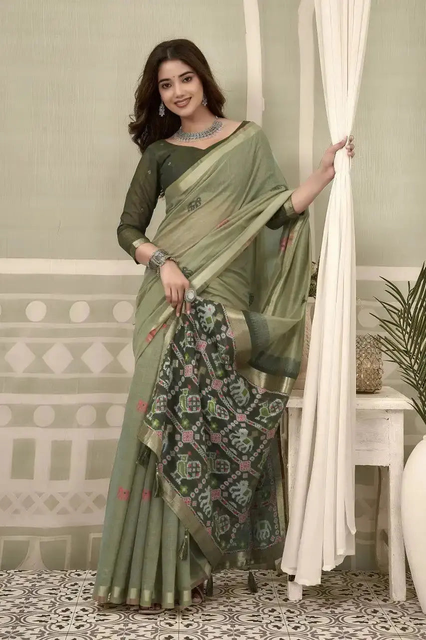 Olive Green Zari Woven Saree contrast pallu detail – KS304 by Kalyanja