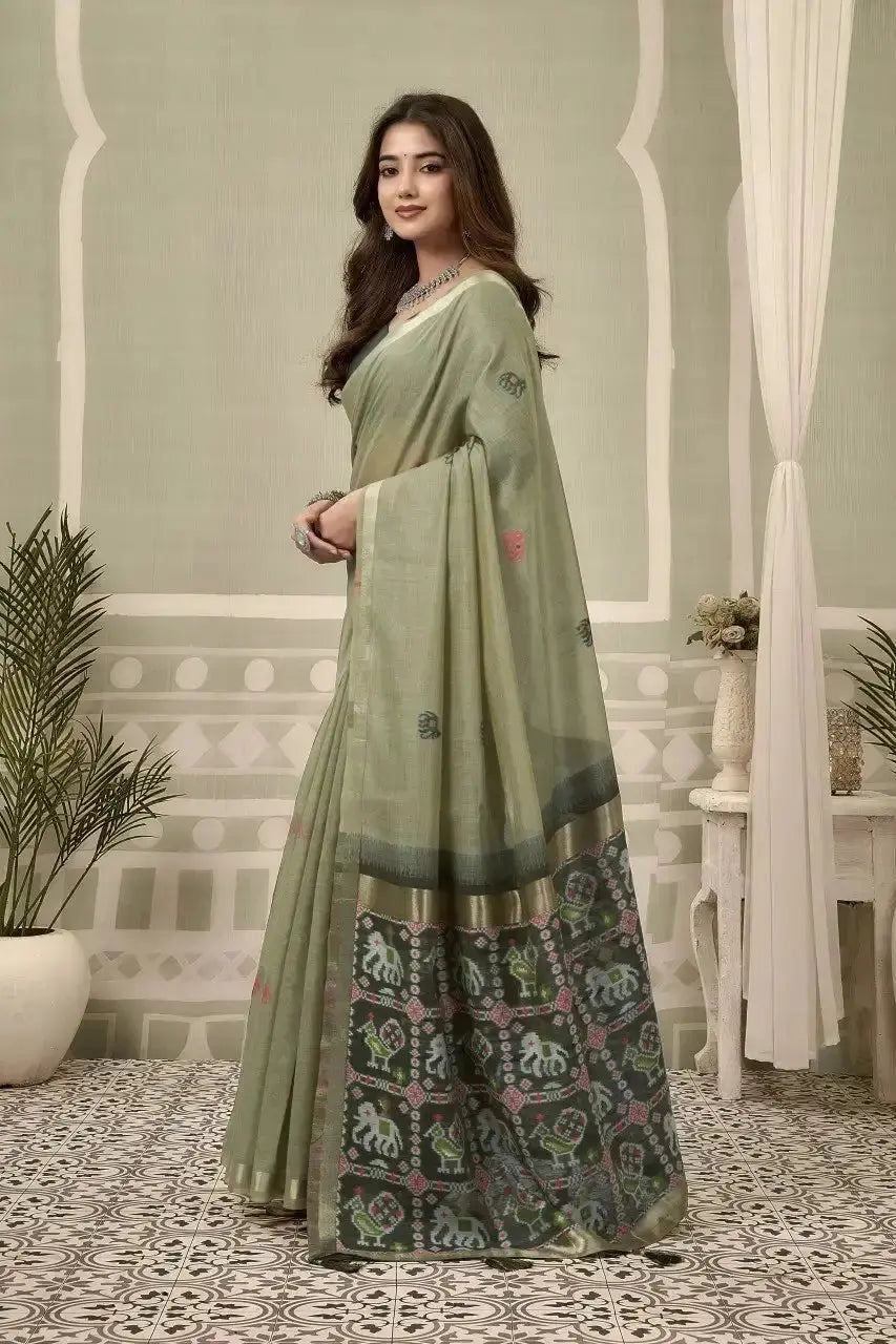 Olive Green Zari Woven Saree side drape view – heavy cotton, zari weaving detail | KS304 Kalyanja
