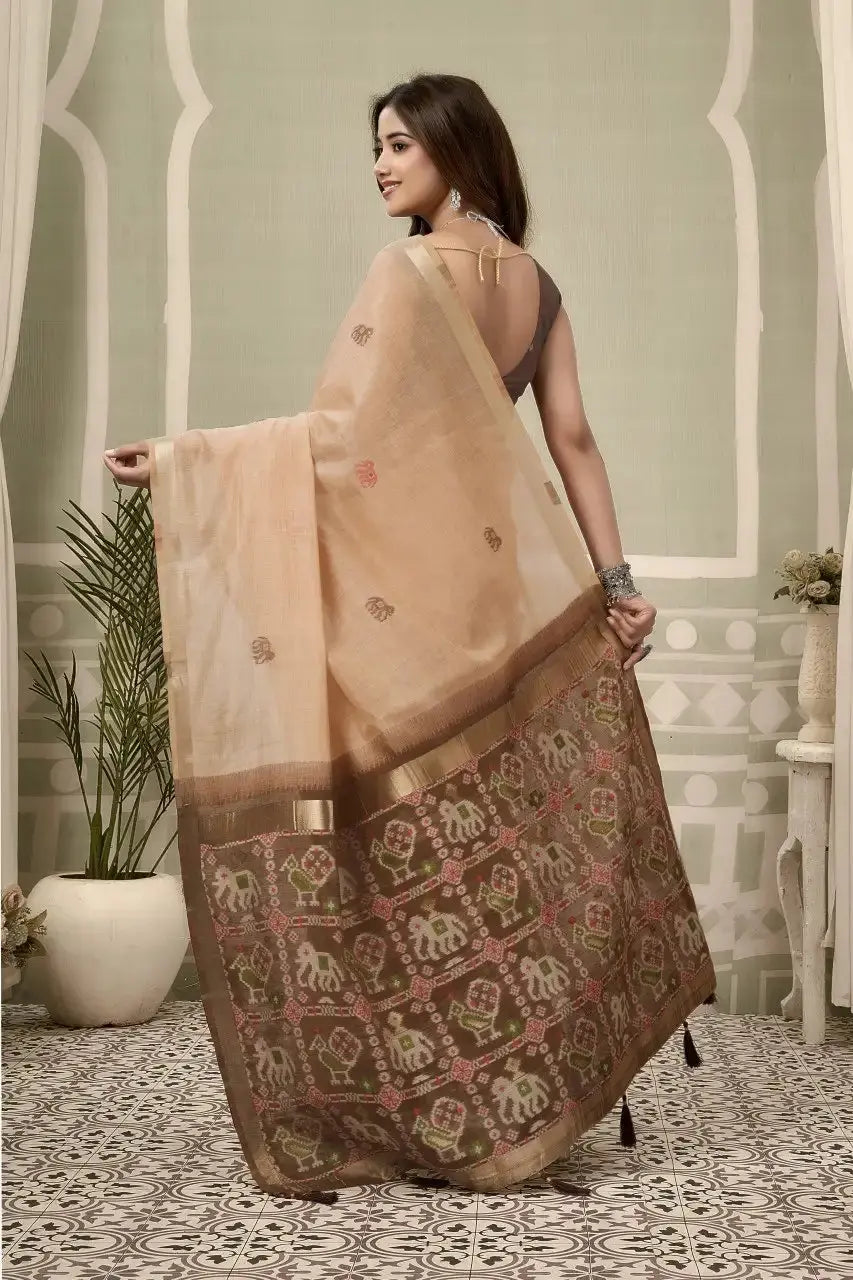 Peach Zari Woven Saree side drape view – heavy cotton, zari weaving detail | KS304 Kalyanja