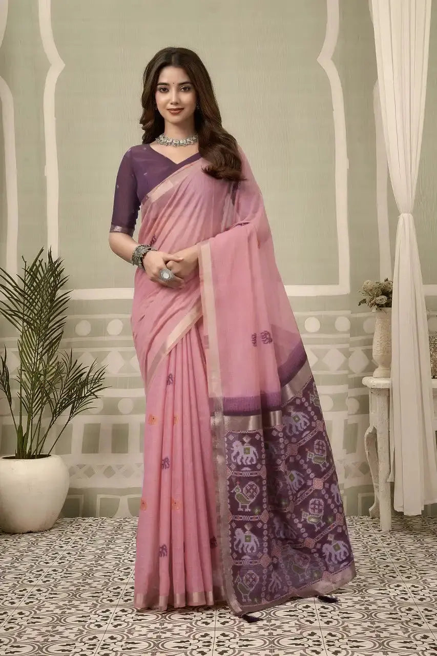 Soft Pink Zari Woven Saree front drape – zari woven border, contrast pallu, heavy cotton | KS304 Kalyanja