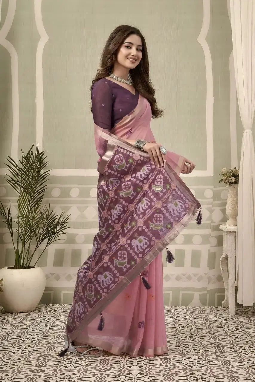 Soft Pink Zari Woven Saree contrast pallu detail – KS304 by Kalyanja